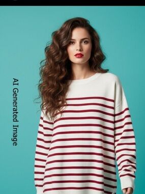Marled Striped Crewneck Knit Pullover Sweater Cream Red Size M